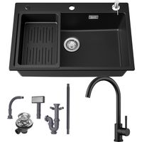 Fregadero de granito de 70×45 cm + grifo de cocina, fregadero de encimera con escurridor y dispensador de jabón
