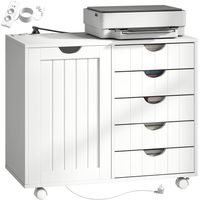 Mueble para Impresora con Estación de Carga y Ruedas 5 Cajones Puertos USB Estante Ajustable Blanco