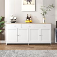 Credenza in MDF bianco e finitura legno 160 x 37 x 75 cm, 4 ante, 3 cassetti, ripiani regolabili
