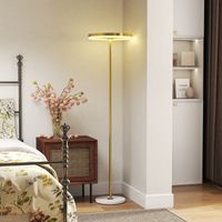 Lampadaire moderne avec éclairage LED à intensité variable, abat-jour en acrylique et interrupteur au pied, 3 niveaux d'éclairage, idéal pour la chambre et le salon, couleur or.