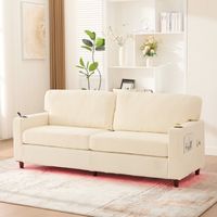 Canapé 2 Places en Chenille Beige avec LED, USB-C, Porte-Gobelets, Poches Latérales et Structure Bois Métal