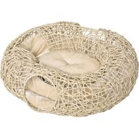 PawHut Cama para Gatos de Ratán 78x69x22 cm Cesta para Gatos Rolliza con Cojín Suave 3 Orificios de Acceso Túnel para Gatos Natural