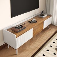 Meuble TV avec avec 3 Portes Striées, Bord Surélevé et Anti-Basculement, Style Moderne, en MDF, 160×39×49,5 cm, Blanc et Naturel