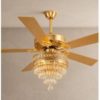 Kviflon ventilateur de plafond cristal doré 132 cm, télécommande