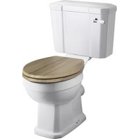 Milano Richmond White Ceramic Close Coupled Bathroom Toilet Pan WC and Cistern with Warm Oak Effect Seat