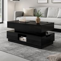 Table basse relevable noire brillante 90x48x42.5cm, éclairage LED + prise électrique + tiroirs + plateau relevable