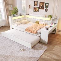 Cama Nido, Cama Doble con Cama Extra 90×190 cm, USB, LED y Escritorio, 140×200 cm, sin Colchón, Blanco