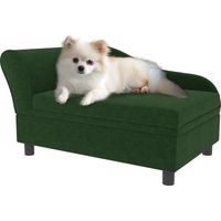 Canapé pour animaux avec rangement intégré, design contemporain, coussin amovible, dimensions 76x45x43 cm, couleur verte.