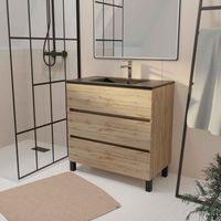 meuble de salle de bains 80 cm 3 tiroirs chêne naturel + vasque céramique noire - timber