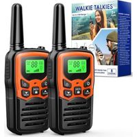 2 talkies-walkies longue portée (8 km), accessoires de camping, talkies-walkies pour adultes et enfants, radio talkie-walkie de chasse avec lampe torche LED et rétroéclairage (orange)