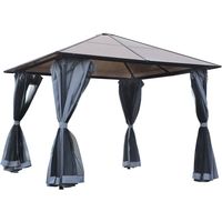 Gazebo avec toit en polycarbonate, rideaux avec filet de protection de la glace, cadre en aluminium, gris foncé, 3 x 3 m