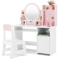 Kids Vanity Table and Chair Set with LED Mirror, Girls Makeup Dressing Tables with Storage Cabinet for Girls Bedroom Playroom(Pink & White)