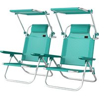 Sillas de playa plegables con dosel ajustable, respaldo inclinable 6 posiciones, reposacabezas, turquesa - 2 unidades