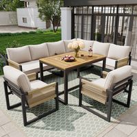 Salon de jardin 5 pièces, 1 table, 4 canapés, pour jardins, terrasses, plateau de table en bois, coussins beige