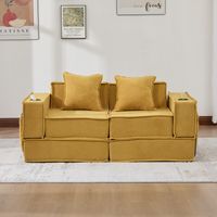 Sofá 2 plazas de chenilla amarillo mostaza 162x78x66 cm con 2 cojines y bolsillos laterales