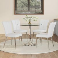 Ensemble de table à manger: table à manger moderne minimaliste en verre de sécurité de 85 cm de diamètre, associée à 4 chaises de salle à manger blanches en PU avec pieds de support argentés. Convient
