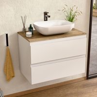 BELLOBATH - Meuble Salle de Bain avec Plan Vasque en Céramique, Meuble Monté avec 2 Tiroirs, 60 x 55 x 46 cm, Meuble Blanc et Plateau Chêne