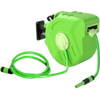 Enrouleur de tuyau d'arrosage rétractable avec tuyau de 15 m. Enrouleur mural pivotant à 180°. Enrouleur automatique en plastique pour l'arrosage. Vert.