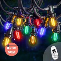 Guirlande Guinguette 50M 100 Bulbes Filament Rouge Bleu Jaune Vert avec Variateur de Luminosité et Télécommande - Guirlande Lumineuse Ampoule E27 Dimmable