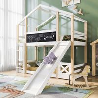 Cama Casita 90×200 cm, Cama Individual con Tobogán, Escalera y Pizarra, sin Colchón, de Madera Maciza, Blanco