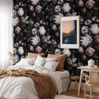 Florale Tapete für Schlafzimmer im Shabby-Chic, Dunkles Blumenmuster