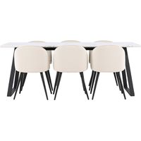 Malaga ensemble pour salle à manger table de salle à manger 90x200cm blanc et 6 Skagen chaise velours beige.