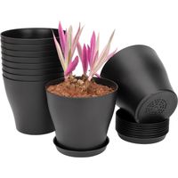 Pot À Plantes En Plastique - 14 Cm De Diamètre - Avec Trous De Drainage Et Soucoupe - Noir - Lot De 10