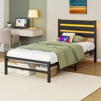 Bett 90x200 cm aus Metall in Schwarz und MDF mit Kopfteil in Holzoptik, RGB-LED und Unterbettlagerung