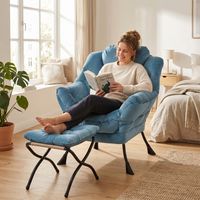 Fauteuil avec repose-pieds, fauteuil relax avec accoudoirs, poche latérale et repose-pieds, fauteuil de salon, fauteuil télévisé, fauteuil club pour salon, chambre et bureau, Bleu