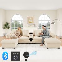 Canapé d'angle modulable 4 places en velours côtelé beige – Enceinte Bluetooth intégrée – Rangement et charge sans fil – Dimensions 315,5 × 144 × 84,5 cm