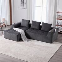 Canapé modulable compact 4 places en velours côtelé avec poches latérales, porte-gobelets et 3 coussins, gris foncé, 253x158x61 cm