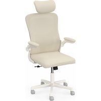 Fauteuil de bureau JAMES ergonomique en toile respirante et appui-tête avec roulettes beige et blanc