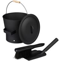 Relaxdays Seau à cendres, avec couvercle, 7,5 litres, pelle et balayette, nettoyage pour la cheminée, noir