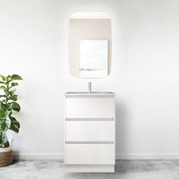Meuble de salle de bain sur pied 60 cm en bois blanc brillant avec vasque en porcelaine - Nova - Avec miroir et lampe LED