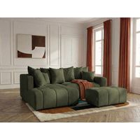 BOBOCHIC - Canapé d'angle L convertible coffre ROXELANE tissu chiné avec pouf Angle gauche Vert