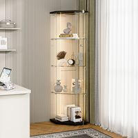 Vitrina de esquina pentagonal 60x44,5x162 cm, mueble vitrina de vidrio templado 4 niveles con LED regulable, armario vitrina cerrable con llave con estantes removibles, base negra