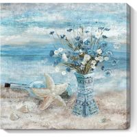 Bathroom Decor Wall Art Blue Beach Picture Ocean Theme Flower Canvas Print Modern Coastal Seascape Framed Painting Seaside Artwork Floral Daisy