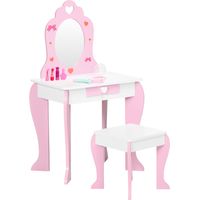 Set Tavolo Trucco con Sgabello, Specchio e Cassetto in MDF per Bimbi 3-6 Anni, Bianco e Rosa