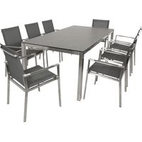 SYDNEY: Garnitur 9-teilig (8x Stapelsessel mit Armlehnen, 1x Gartentisch 100x200cm rechteckig), Gestell Edelstahl poliert, Bezug Kunstgewebe grau mit Polsterung, Tischplatte Glas in Keramikoptik grau