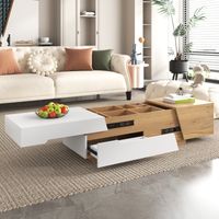 Table Basse avec Plateau Coulissant, 2 Tiroirs et Compartiments, Style Moderne, en MDF, Naturel et Blanc