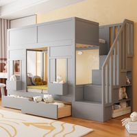 Lit superposé pour enfants avec escalier de rangement et tiroirs, 90 x 200 cm. Grand lit mezzanine avec fenêtres et coffres de rangement, cadre en bois avec barrière de sécurité, lit enfant gain de pl