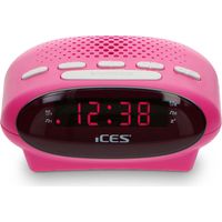 Radio reloj FM rosa con alarmas duales y función de repetición
