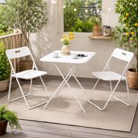 Ensemble table et chaises - table bistrot pliante carrée 60x60x73 cm plateau acier et 2 chaises en acier blanches avec pieds en métal blancs