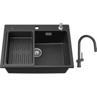Cecipa Lavello 1 Vasca 60x45 cm con Cestello di Scarico e Dispenser per Sapone + Miscelatore da Cucina con Doccia Estraibile con 2 Tipi di Getti Nero
