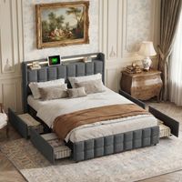 BLANKETSWARM - Lit double 160x200 avec tiroirs, Lit adulte, Lit capitonné - Sommier à lattes - Éclairage LED - chargement USB - Lin - Gris
