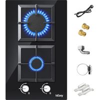 Glas Gaskochfeld 2 Flammig, Automatischer ,Thermoelementschutz, Schwarz Einbau Kochfeld Glas,2 Zonen 2700W/1000W, 31cm, Erdgas/Propangas