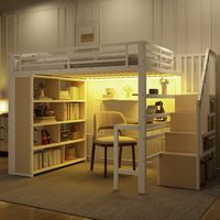 Letto a soppalco, 140 x 200 cm, struttura in ferro, con scrivania, vano contenitore, striscia LED, struttura a scala con spazio contenitore, senza materasso, bianco