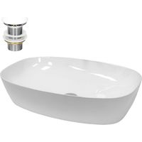 ECD Germany Lavabo da Appoggio con Set di Scarico 605 x 380 x 140 mm Ceramica Bianca Ovale Lavandino senza Troppopieno con Fori di Dimensioni Standard Lavamano da Bagno con Piletta
