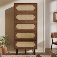 Commode Haut 80 cm en Noyer, Commode de chambre avec Cannage en Rotin - 5 Portes et Pieds en Métal - Meuble de Rangement Design pour Salon
