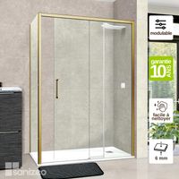 Pare douche porte coulissante et paroi latérale GAUCHE, L.144xl148l.80H195 cm - Verre Trempé 6mm Easy Clean Or Brossé - Vézannes 2PL SUPERBAN